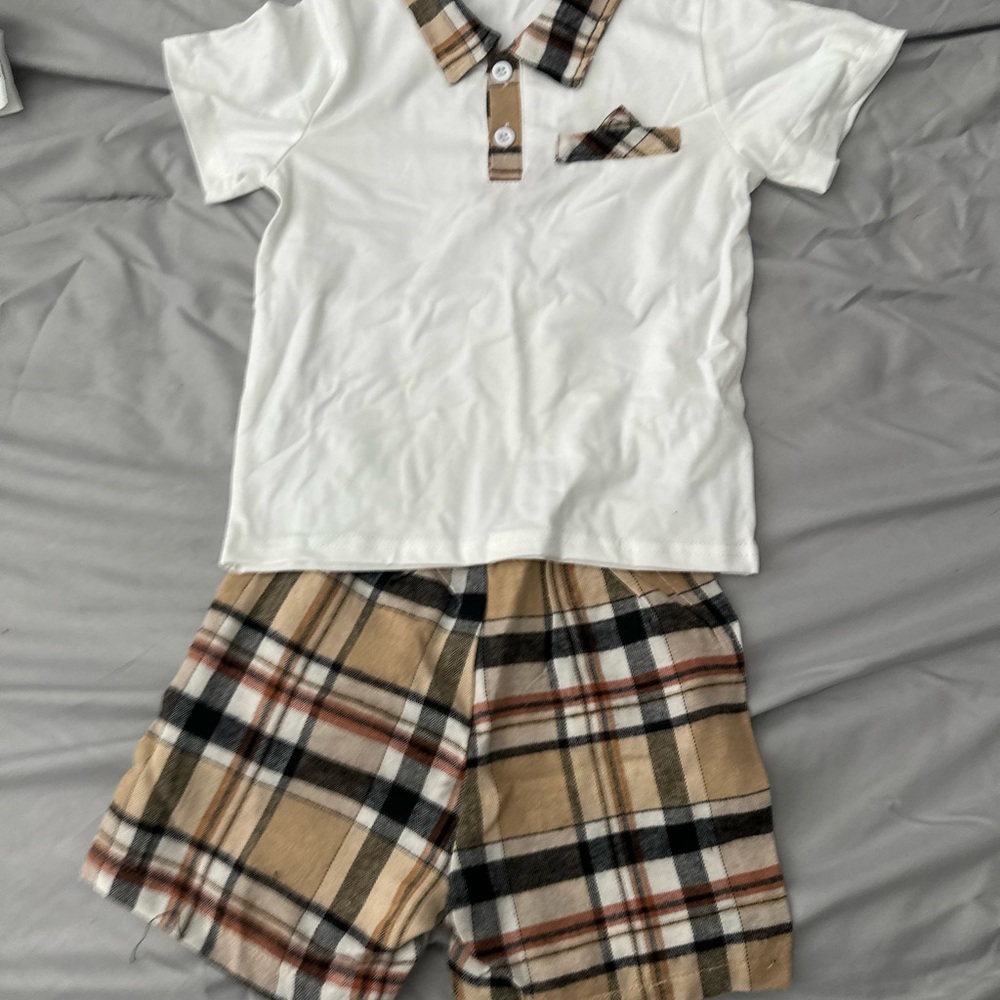 Plaid Collar White Shirt and Plaid Shorts Set